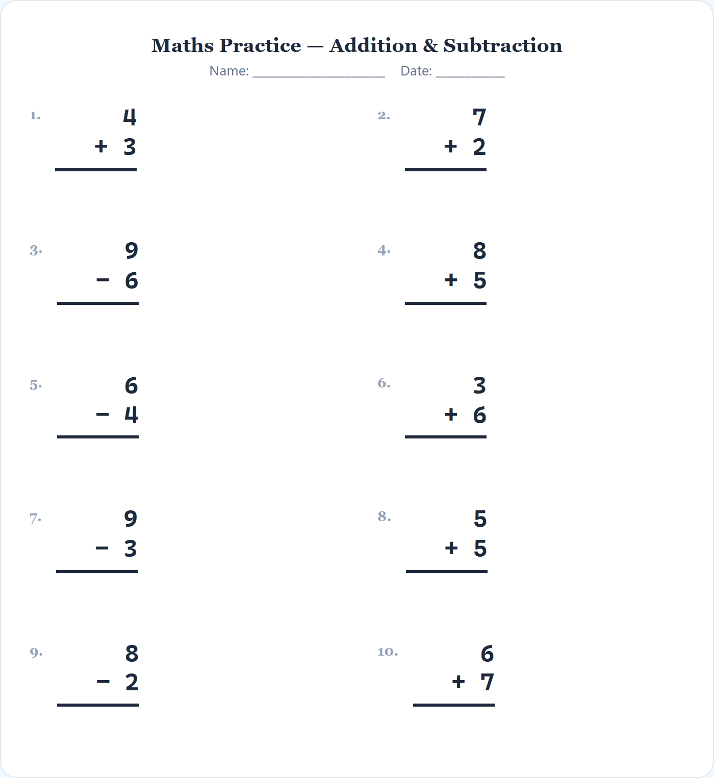 Sample printable addition and subtraction worksheet with 10 vertical maths problems, name and date fields, generated by SmartNAPLAN's Print Out tool